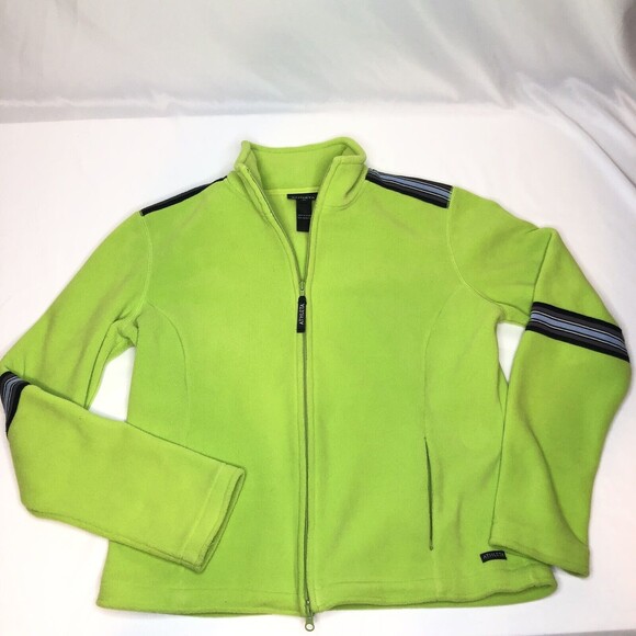 Athleta Fleece Jacket Women's Sz L/XL LIME Green Fitted Full Zip Stripe Accent - Picture 6 of 9